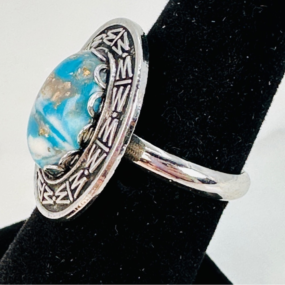 Vintage Faux Turquoise Ring Adjustable Silver-tone Southwestern Boho Statement - Picture 4 of 8